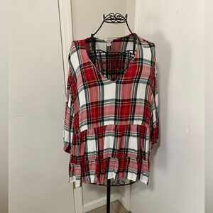 Cato Women 18/20W Plaid Blouse Tiered Ruffle Long Sleeve Peplum Top